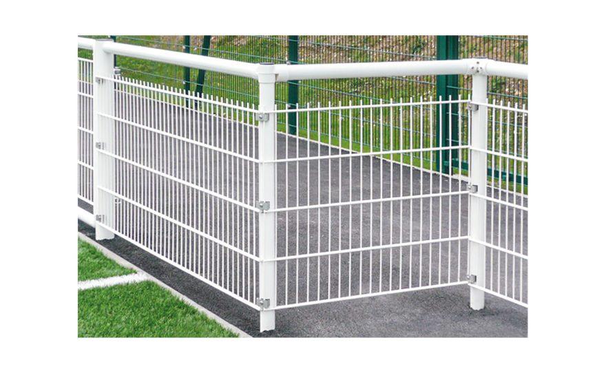 White handrail post for the corners with Metalu Plast noise protection system dB Stop Metalu Plast manufacturer sports equipment